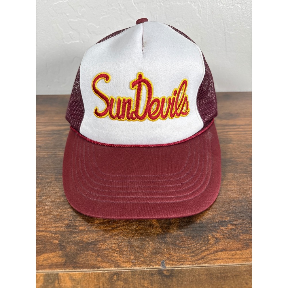 Vintage Supreme Sun Devils Trucker Hat Maroon White Mesh Snapback Cap ASU Retro